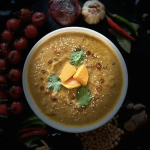 Bowl of home-made golden lentil curry with fresh coriander