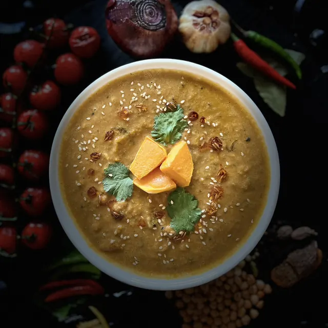 Bowl of home-made golden lentil curry with fresh coriander