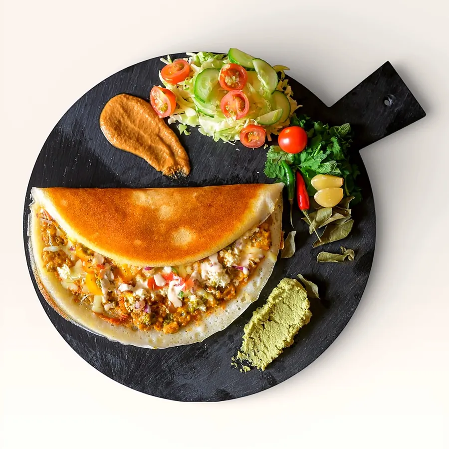 Classic potato masala Indian pancake on a serving board with salad and chutneys
