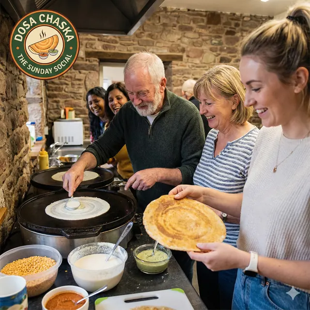 Guests learning to make Indian pancakes at a Dosa Chaska cooking workshop