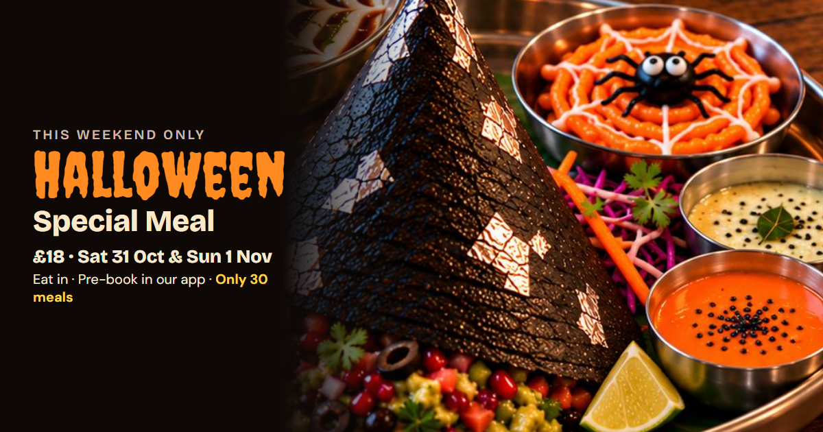 Halloween Special Meal at Dosa Chaska: black rice witch's hat dosa, pumpkin bonda, spider web jalebi