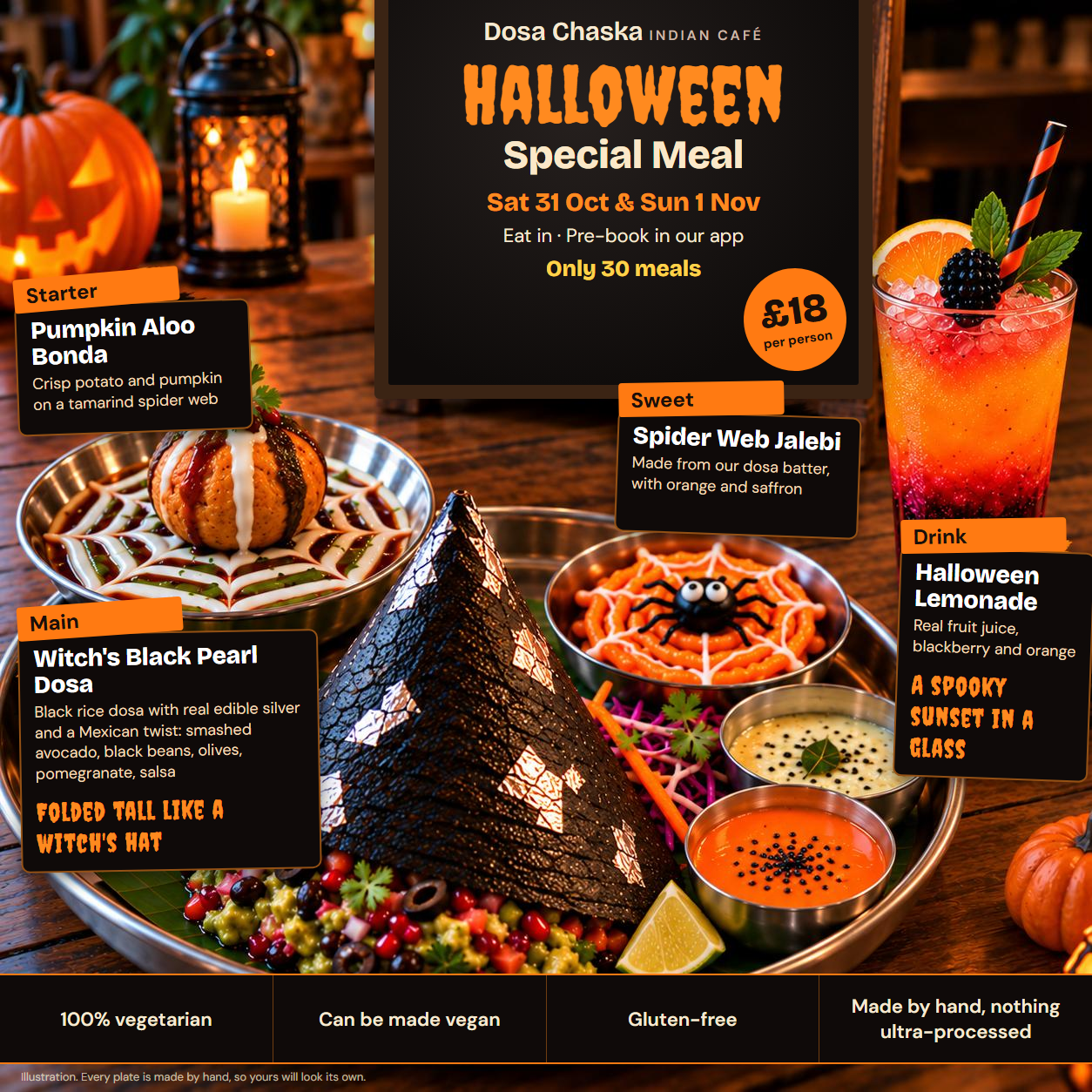 Halloween Special Meal at Dosa Chaska: pumpkin aloo bonda, a black rice witch's hat dosa, spider web jalebi and Halloween lemonade, £18